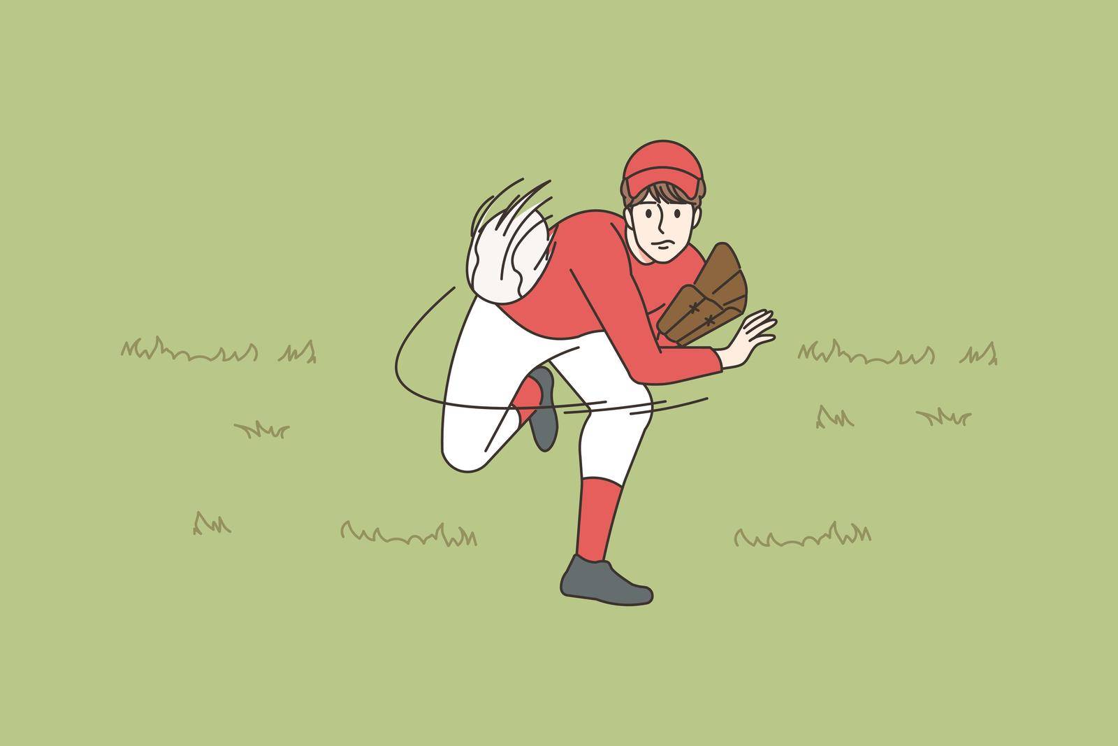 Sportsman playing baseball on field. Man in uniform throwing ball engaged in sport game. Hobby and leisure. Vector illustration.