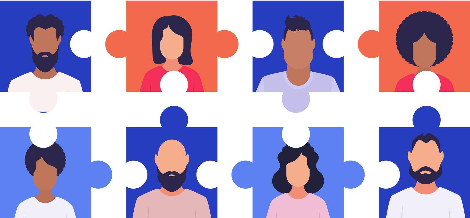 People in a puzzle collage. Vector. Flat style.