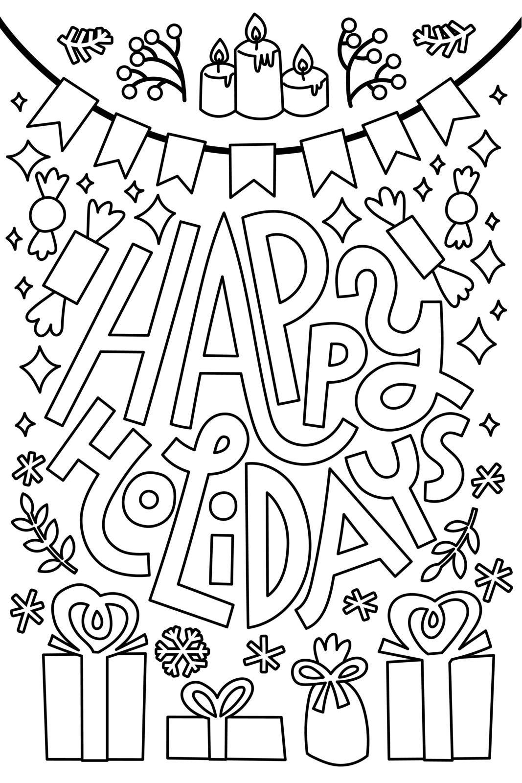 Happy holidays coloring book page. Black and white doodle illustration. Christmas, Hannukah, inclusive neutral greeting. Vertical, portrait-oriented.