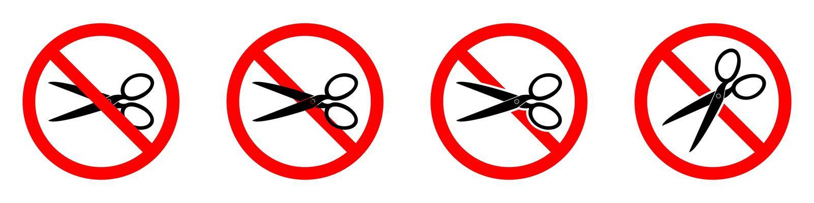 Stop or ban red round sign with scissors icon. Vector illustration. Forbidden signs set. Scissors is prohibited