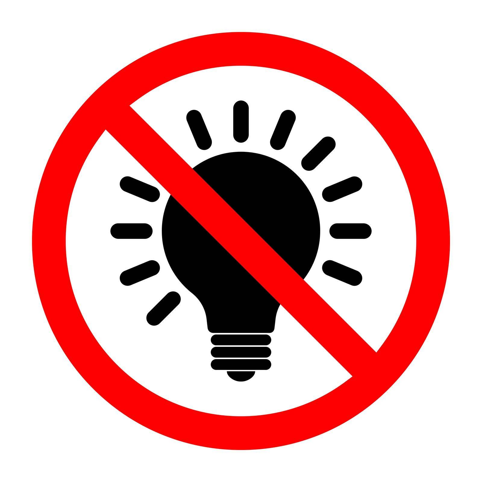 No light bulb icon. Light bulb is prohibited. Stop or ban red round sign with light bulb icon. Vector illustration. Forbidden sign.