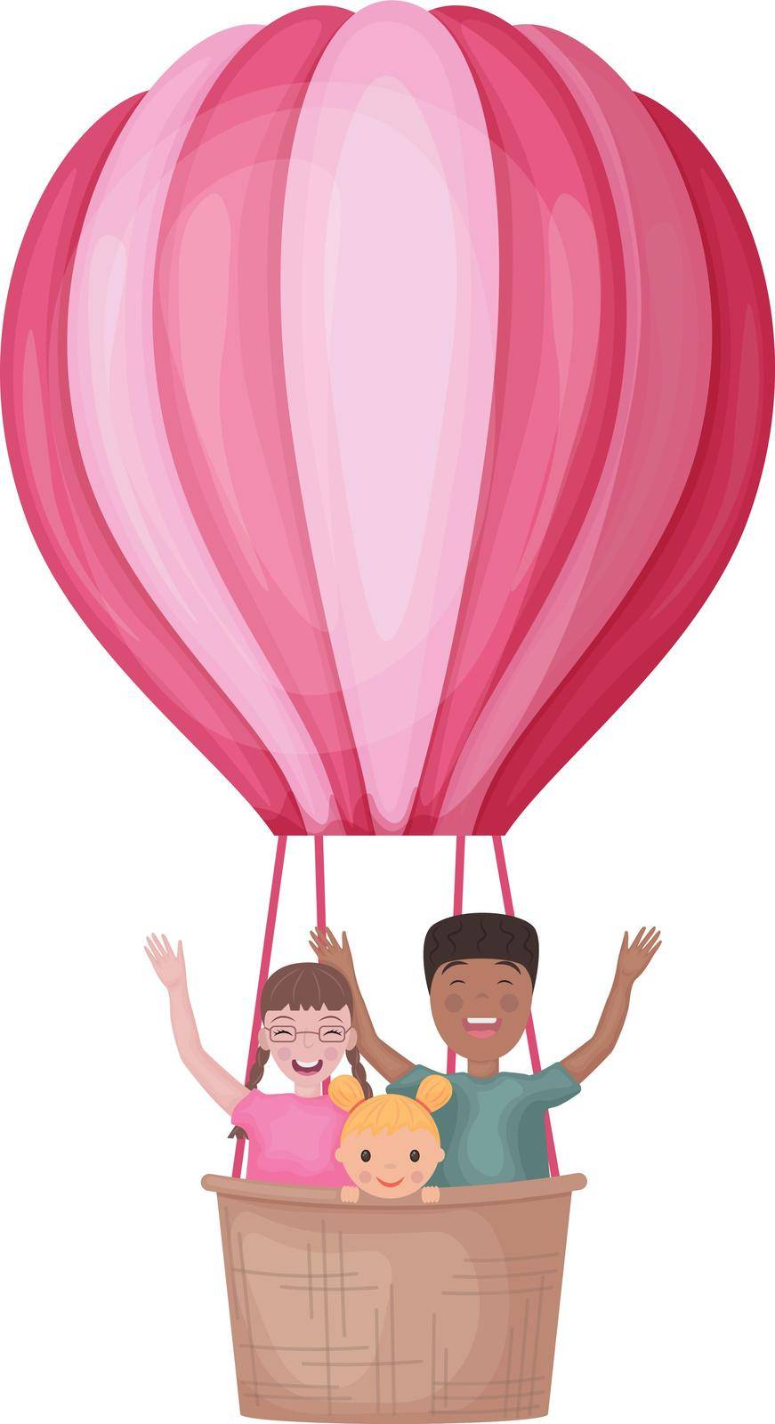 Balloon with children. Different kids on a hot air balloon. Funny children are flying in a balloon and waving their hands. Funny travelers. Vector illustration isolated on a white background.