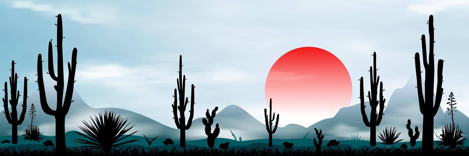 Sunrise in the Mexican desert. Silhouettes of stones, cacti and plants. Desert landscape with cacti. Rocky desert.