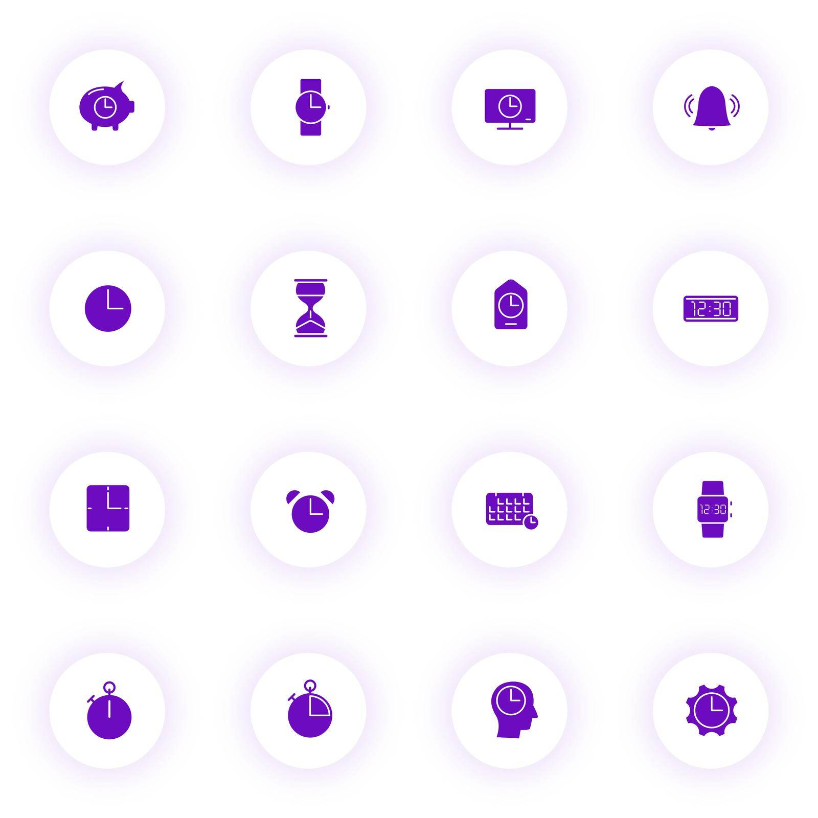 time purple color vector icons on light round buttons with purple shadow. time icon set for web, mobile apps, ui design and print
