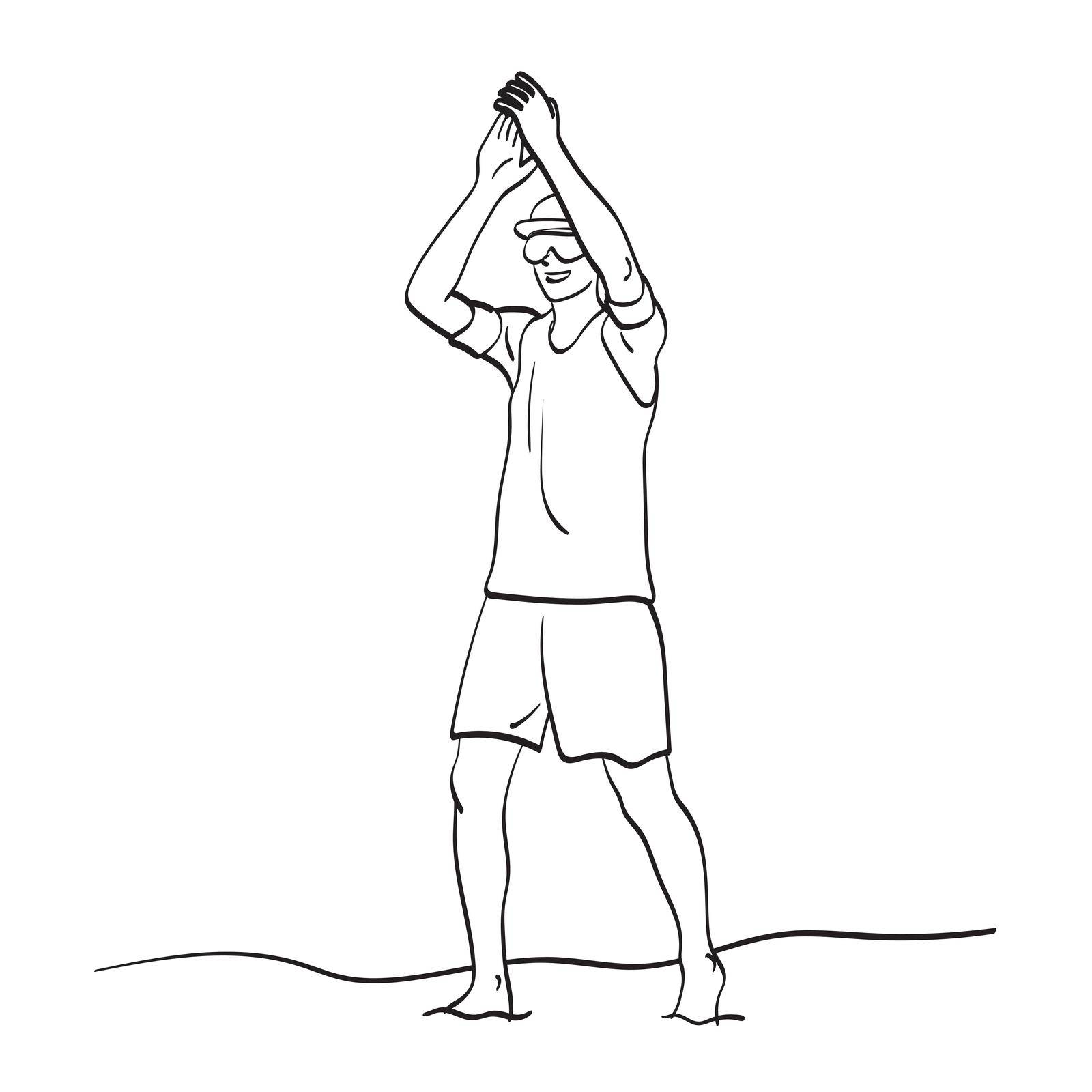 line art full length of beach volleyball player crapping his hands after winning the game illustration vector hand drawn isolated on white background by tidarattj