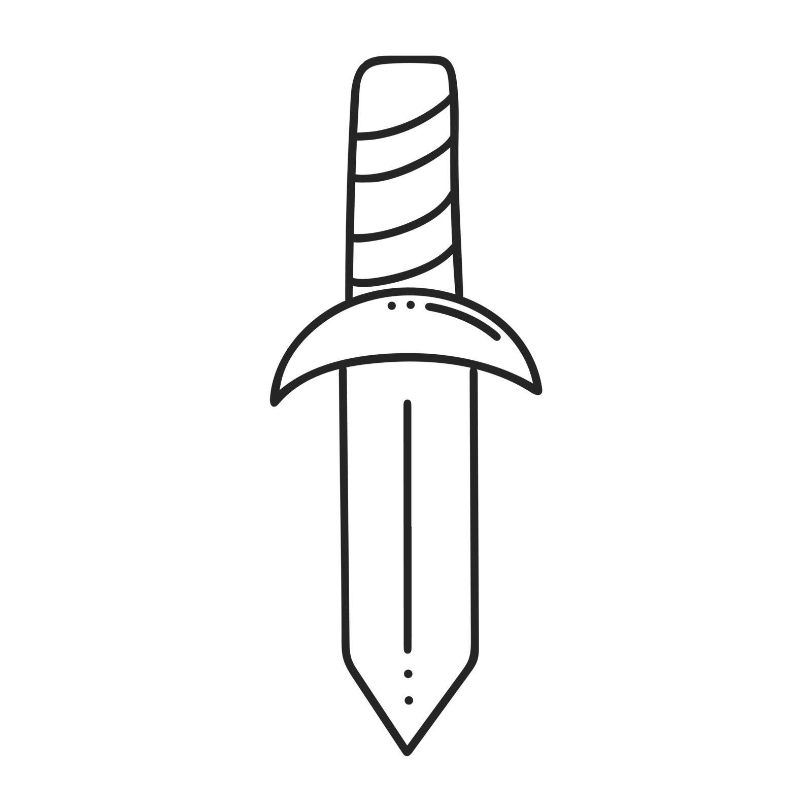 Knife simple doodle illustration. Contour image cold weapon with sharp metal blade. Kitchen turn tool. Ritual item for spells and sorcery. Isolated vector