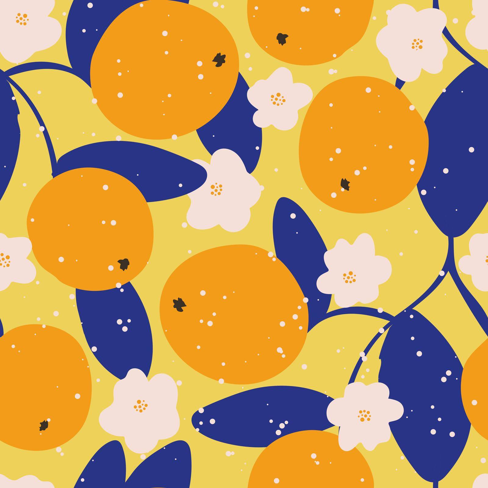 Citrus flowers and fruits seamless pattern. Background blossoming orange trees. Exotic tropical print orange fruit with blue leaves and texture. Model for textile, packaging, paper and design vector illustration