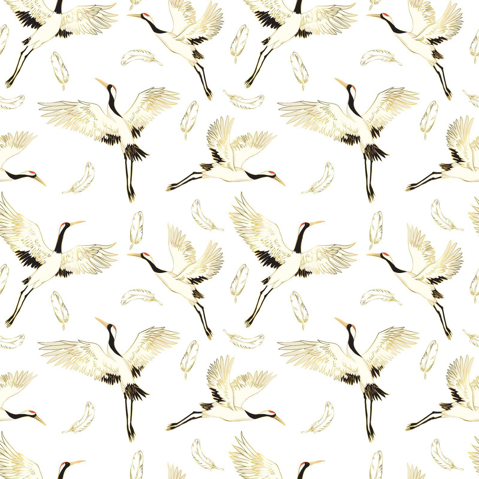 Decorative kimono floral motif background pattern with crane and flowers by Vladimir90