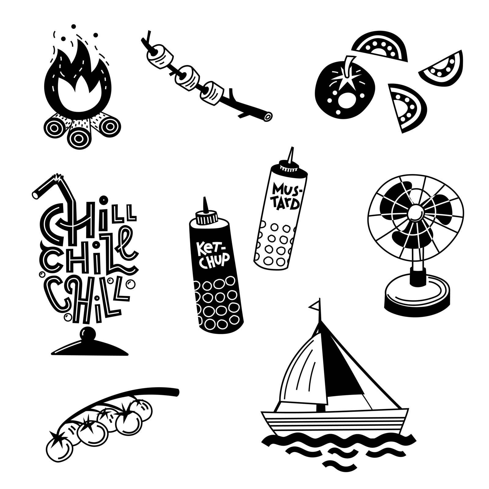 Set of summer symbols. Simple black and white doodle illustration, isolated.
