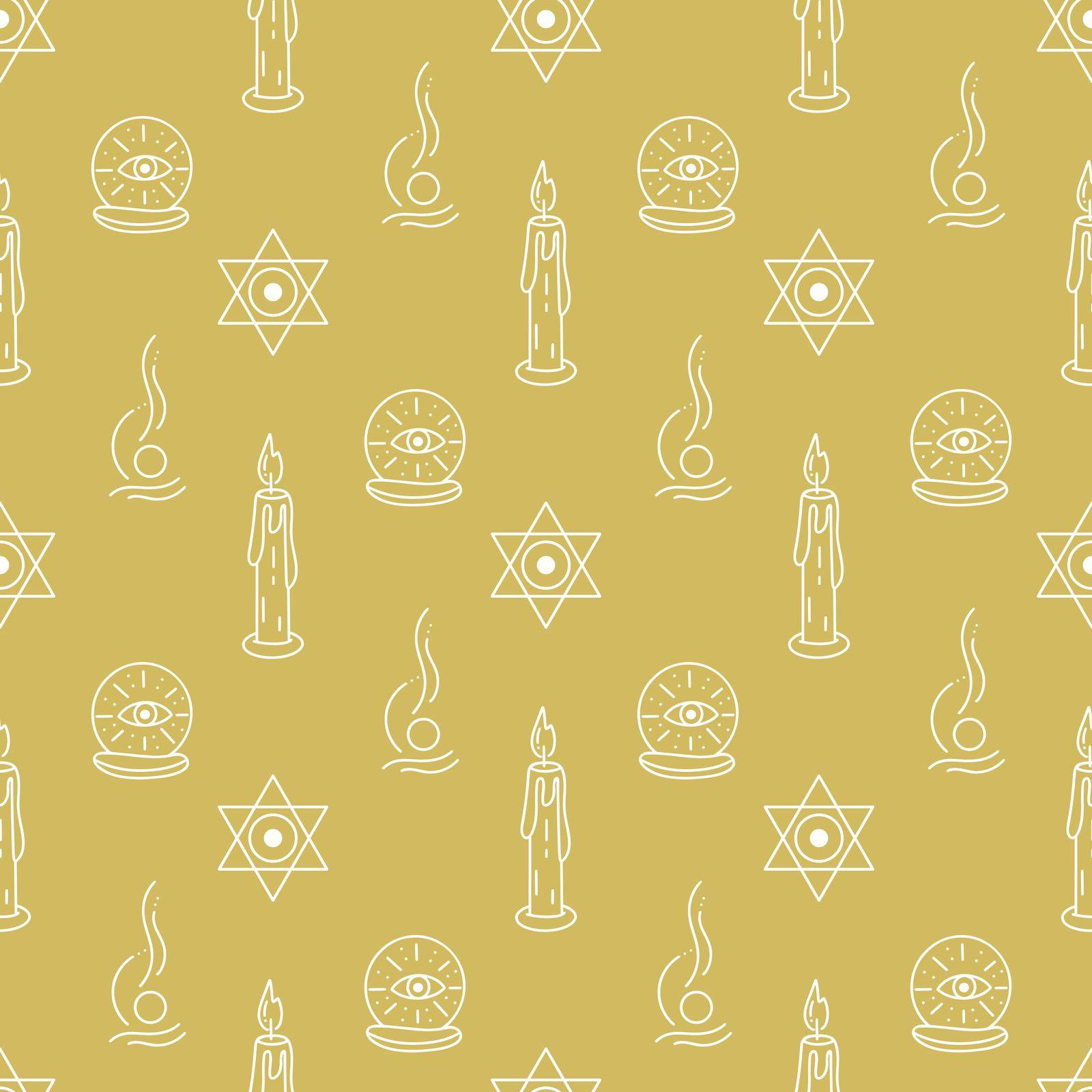 Witchcraft seamless pattern. Background with abstract symbols, candles and an all-seeing eye. Witch magic print for wallpaper, textile, packaging and design. Witch and sorcerer template