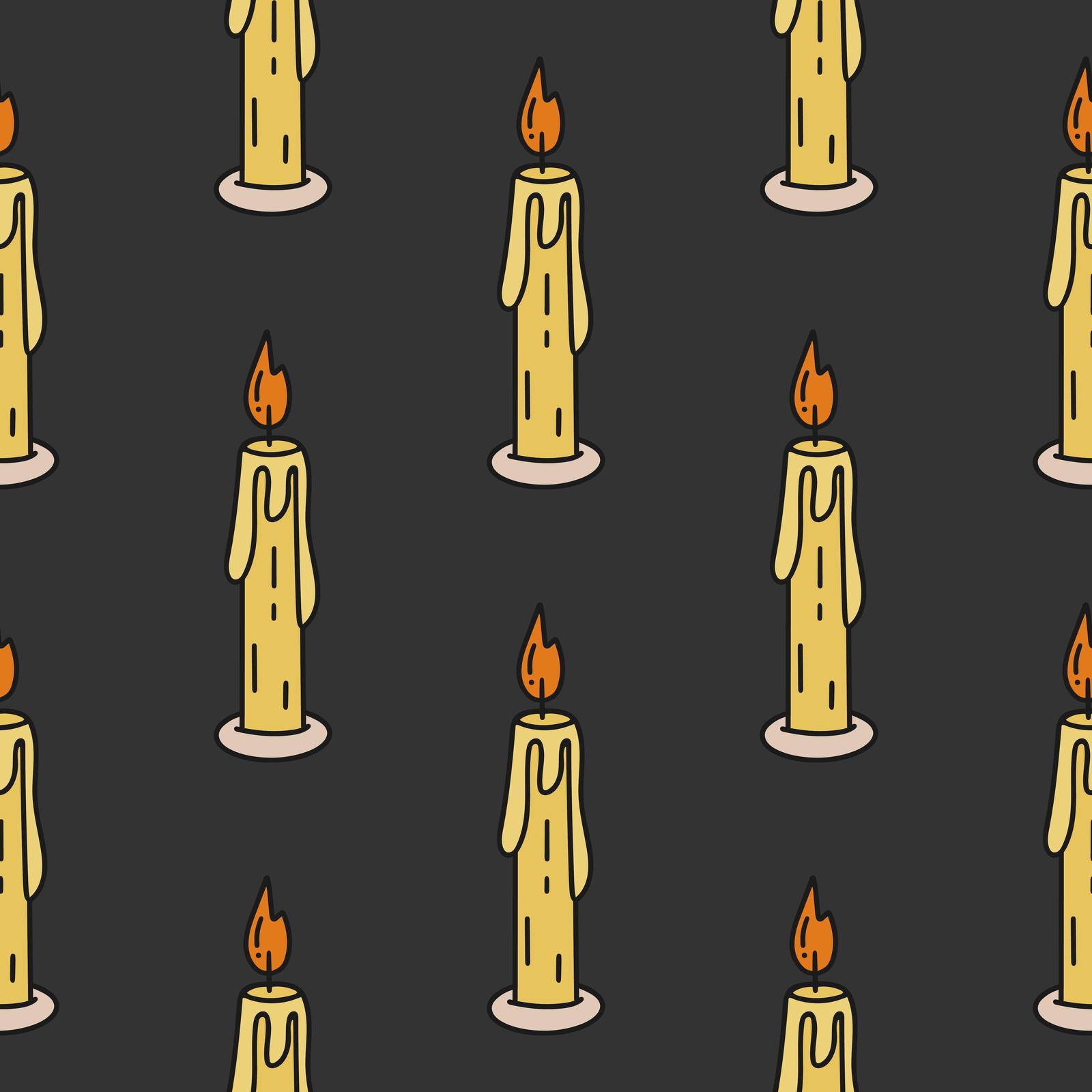 Burning candles on dark background seamless pattern vector illustration. Print with candles for textiles, wallpaper, packaging and design. Magichexic ritual template