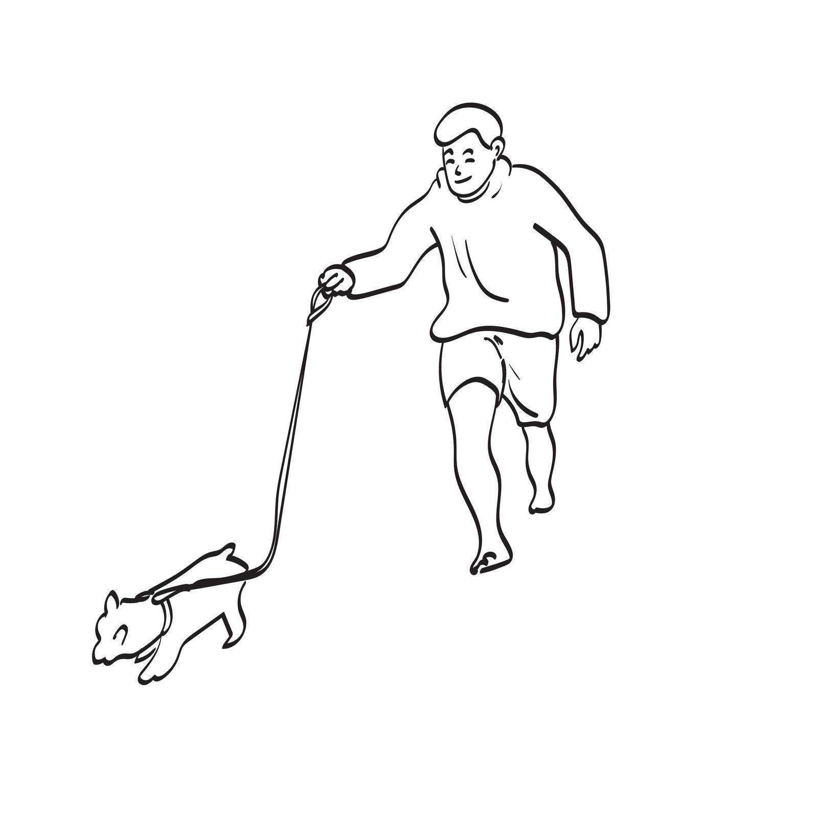 man walking with his dog illustration vector hand drawn isolated on white background line art. 