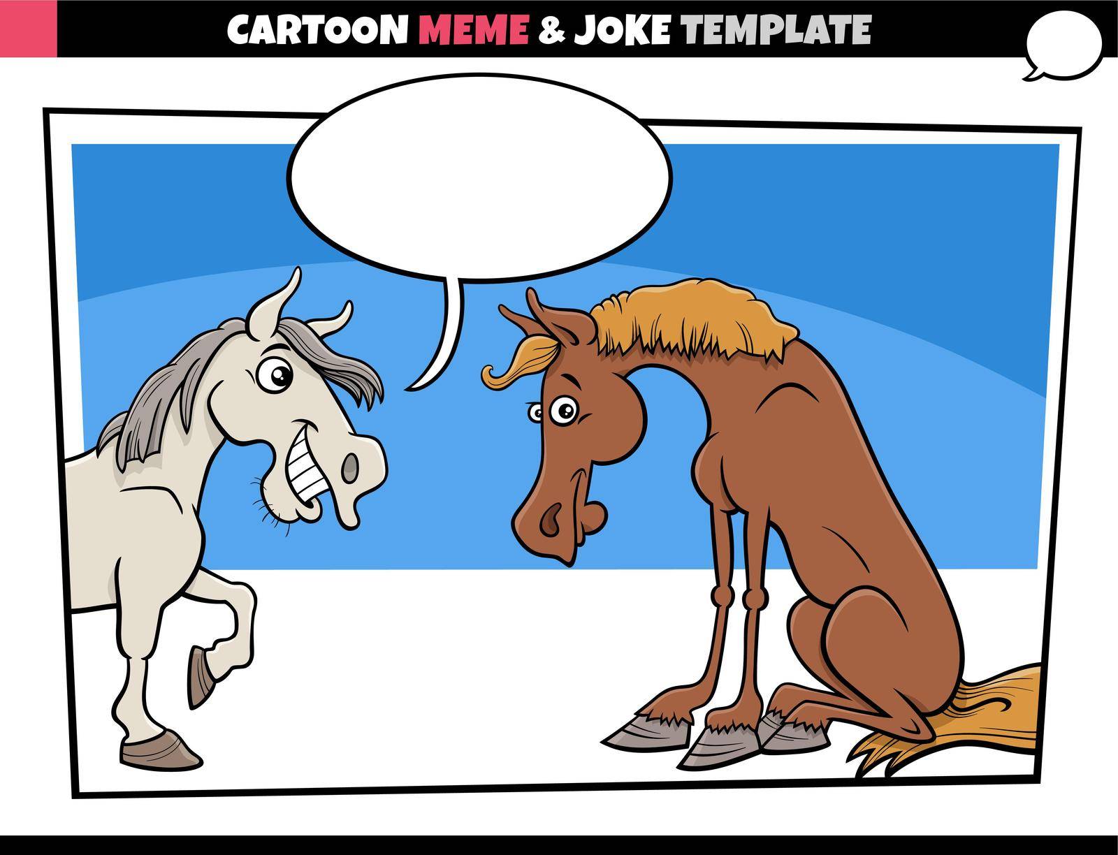 cartoon illustration of meme template with empty comic speech balloon and two funny horses