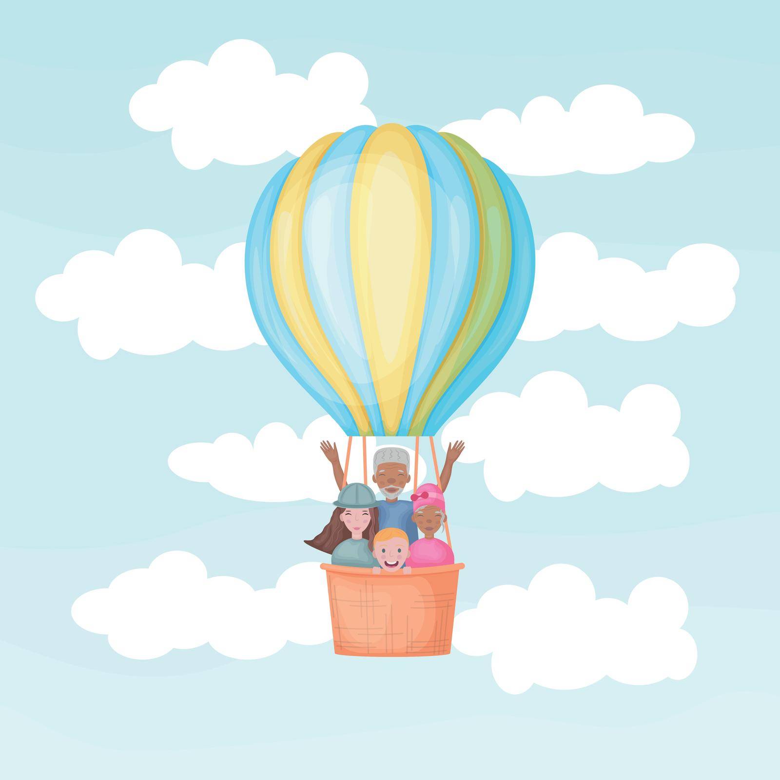 Air balloon. Hot air balloon with people. Black and white people fly in a balloon. People with different skin colors are flying across the sky. Vector illustration isolated on a white background.