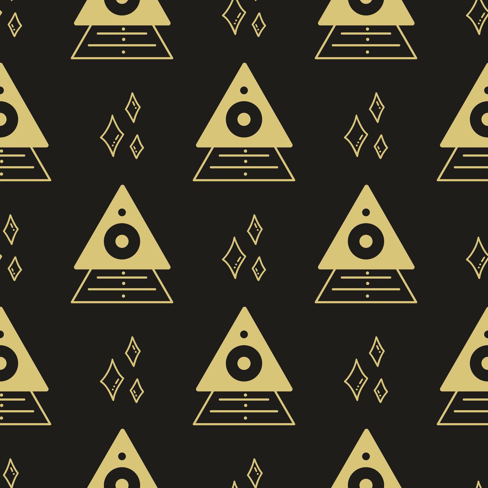 Black background with golden magic symbols seamless vector. Witchcraft print for textiles, packaging and design. Template with triangular geometric abstract elements illustration