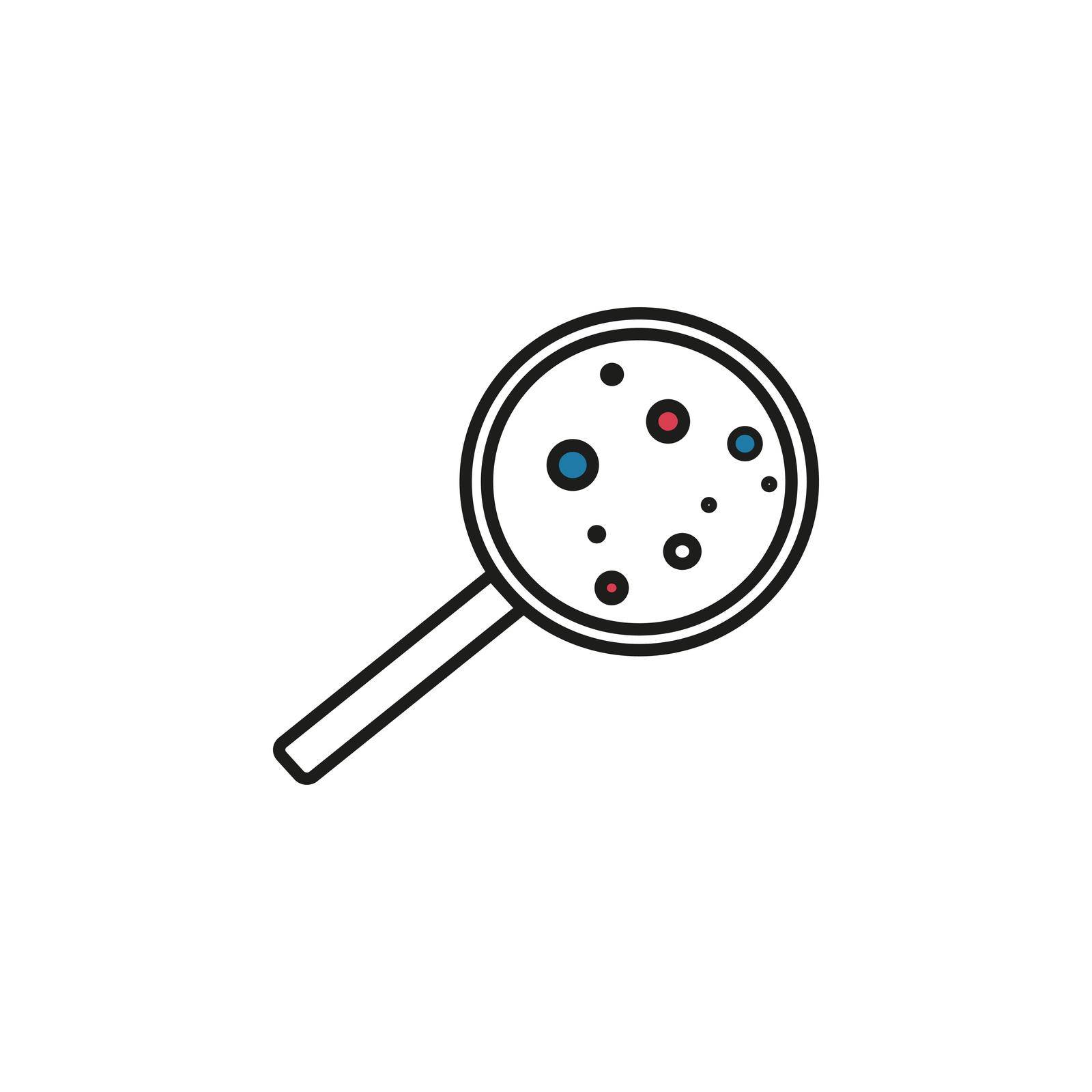 Magnifying glass with lingia virus icon vector illustration. Magnifier with germs research concept. Microbiological and medical analysis. Logo magnifier simple flat web element.