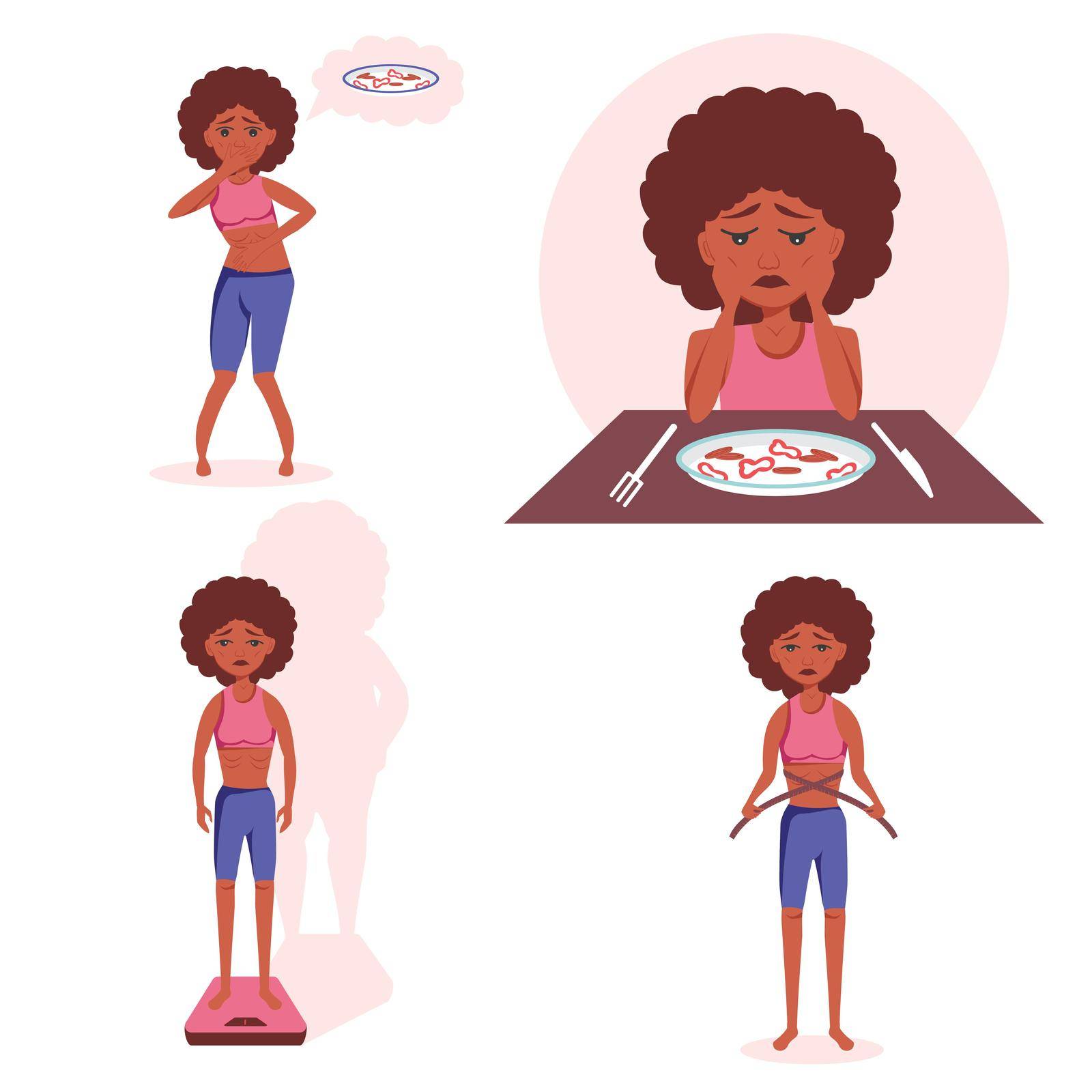 The concept of mental disorder and food addiction - Afro American Black girl with anorexia, bulimia is afraid to eat, weigh herself, measure body parameters, nauseated at the thought of food.