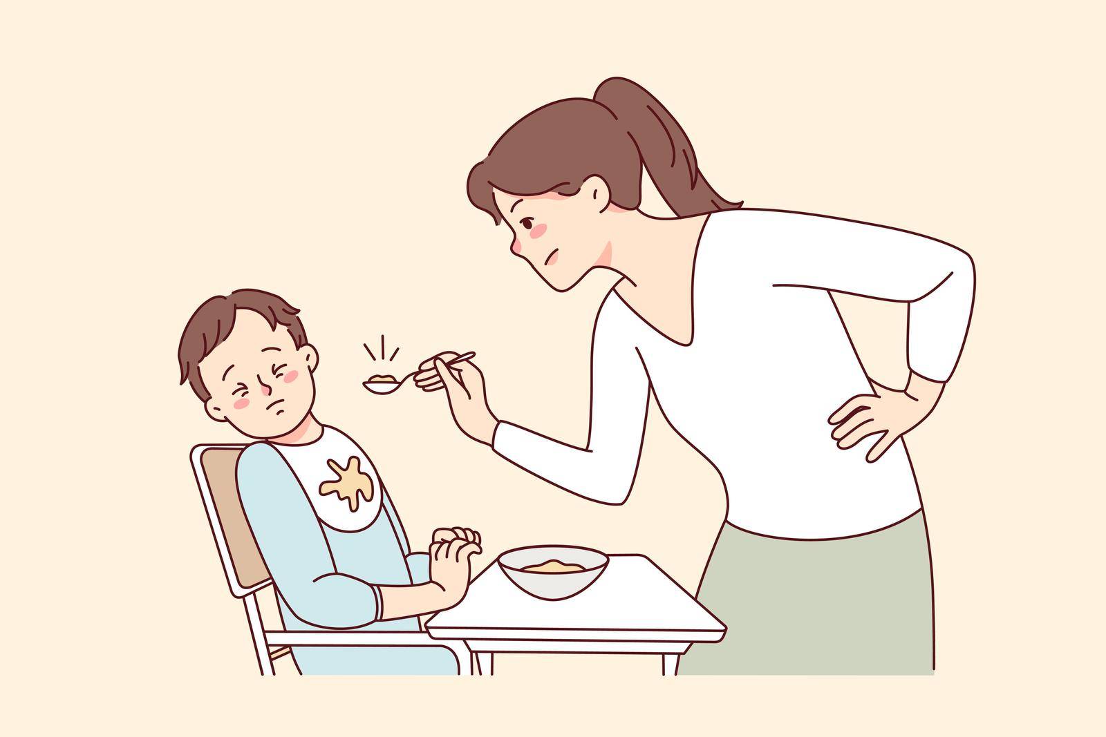 Stubborn baby refuse eating food. Mother feed ill-behaved toddler at home. Parenthood and children upbringing problems. Vector illustration.