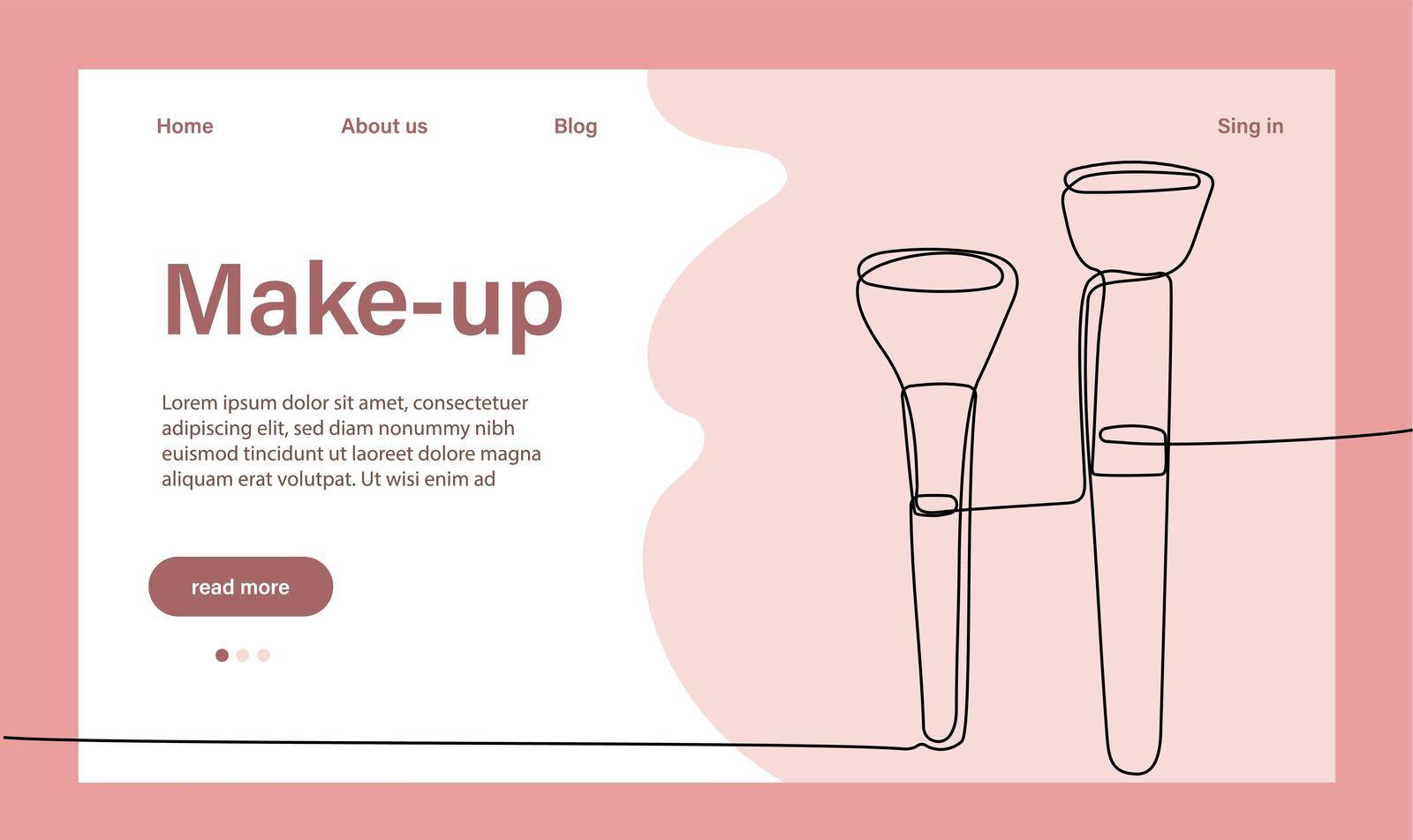 Make up artist web banner or landing page. Continuous drawing of one line of professional tools of a beauty procedure. Apply makeup with a brush. Flat vector illustration.