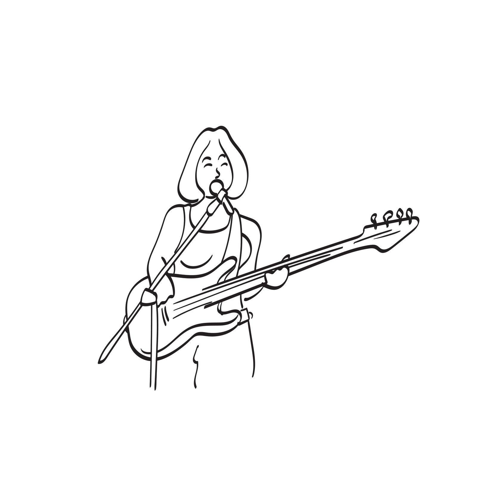 female singer with electric bass guitar and microphone illustration vector hand drawn isolated on white background line art. by tidarattj