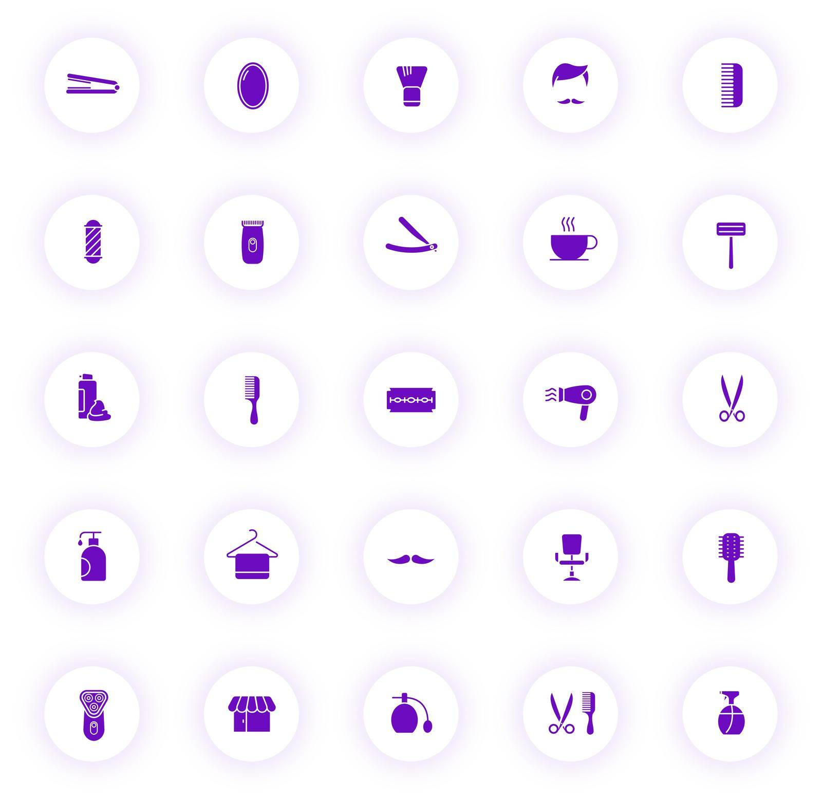 barbershop purple color vector icons on light round buttons with purple shadow. barbershop icon set for web, mobile apps, ui design and print