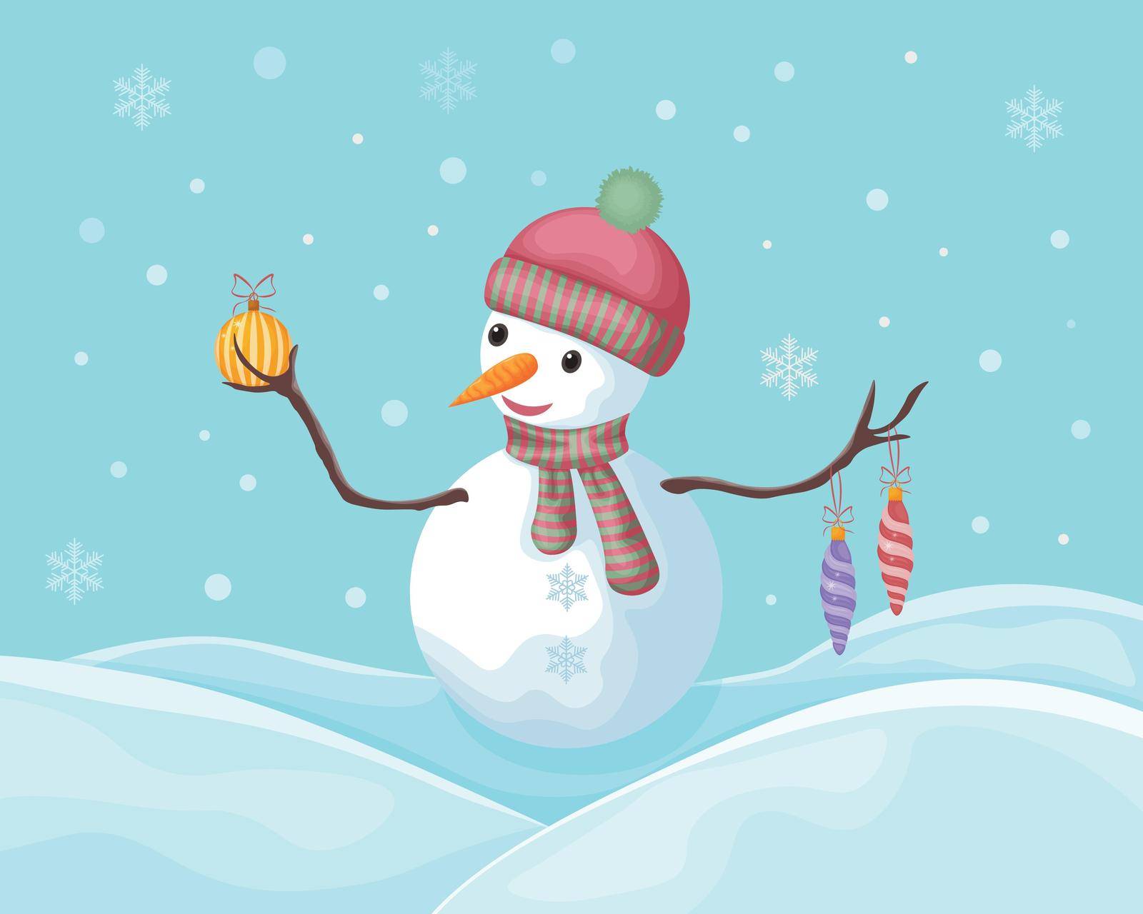 The snowman. Winter illustration depicting a cute snowman with Christmas tree toys. A cheerful snowman in a hat and scarf. Christmas illustration vector.
