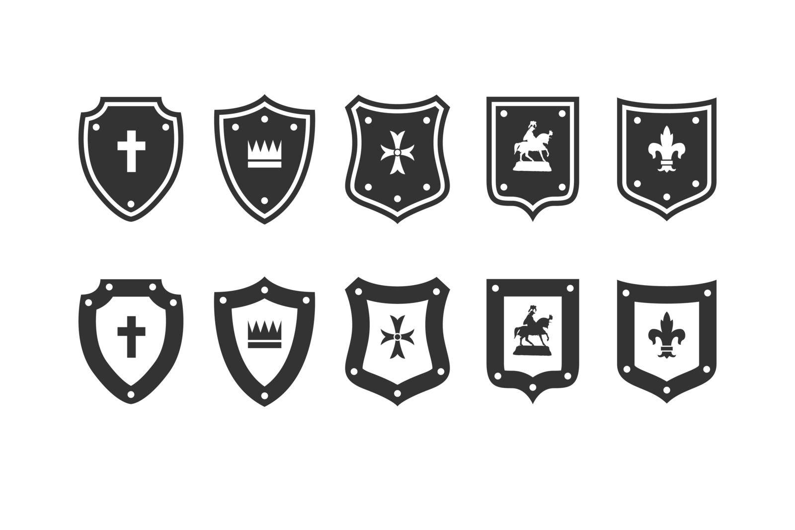 shield medieval set. Heraldic Shields icons set. royal knight Protect shield vector by kichikimi