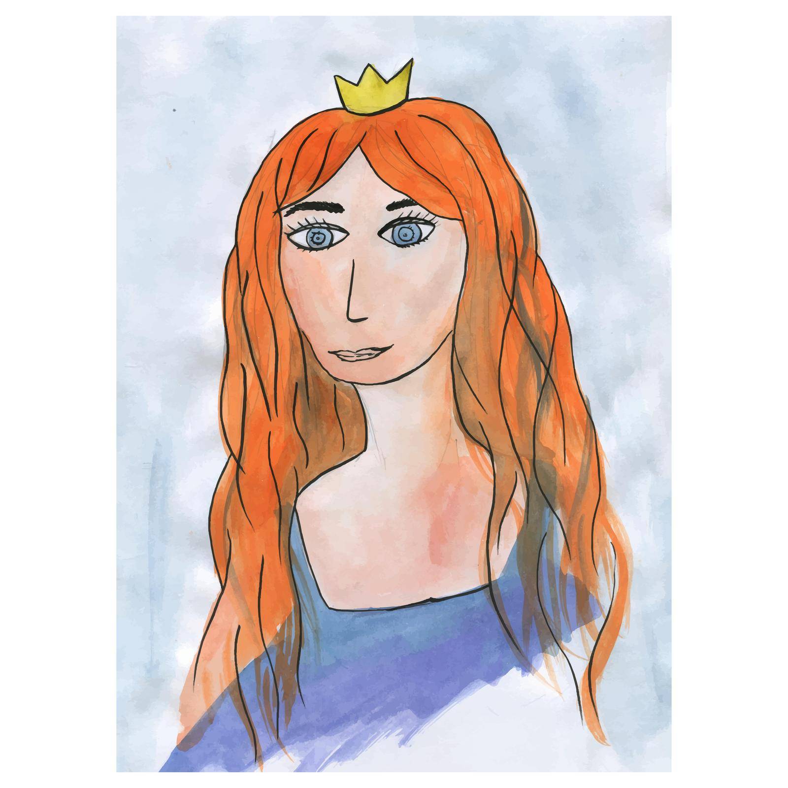Beautiful Princess. Hand Drawn Watercolor Paint Portrait. by Rina_Dozornaya