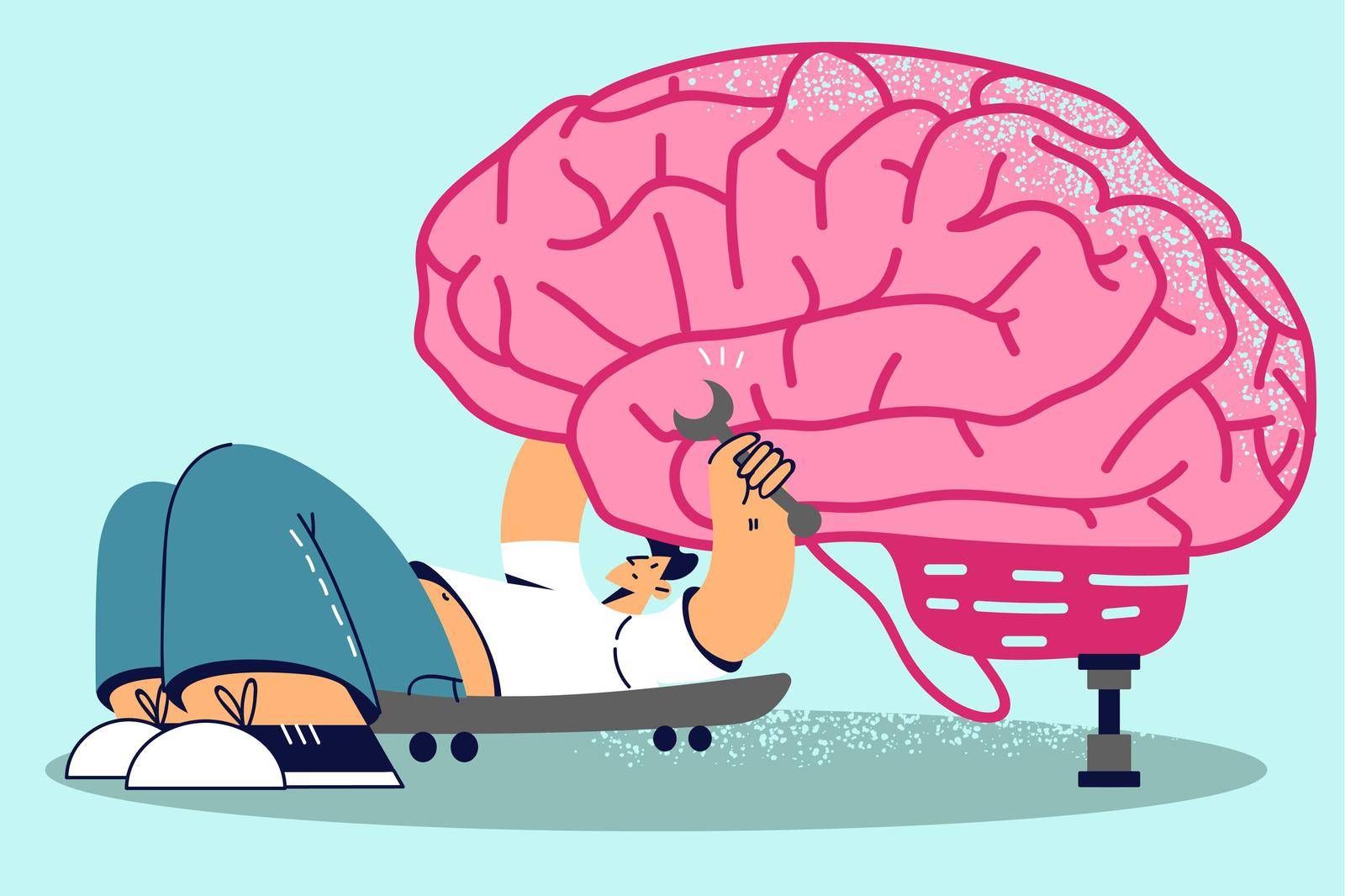 Man mechanic fixing brain with instruments. Concept of male psychologist repair patient mind, give help. Mental problems solving and recovery. Vector illustration.