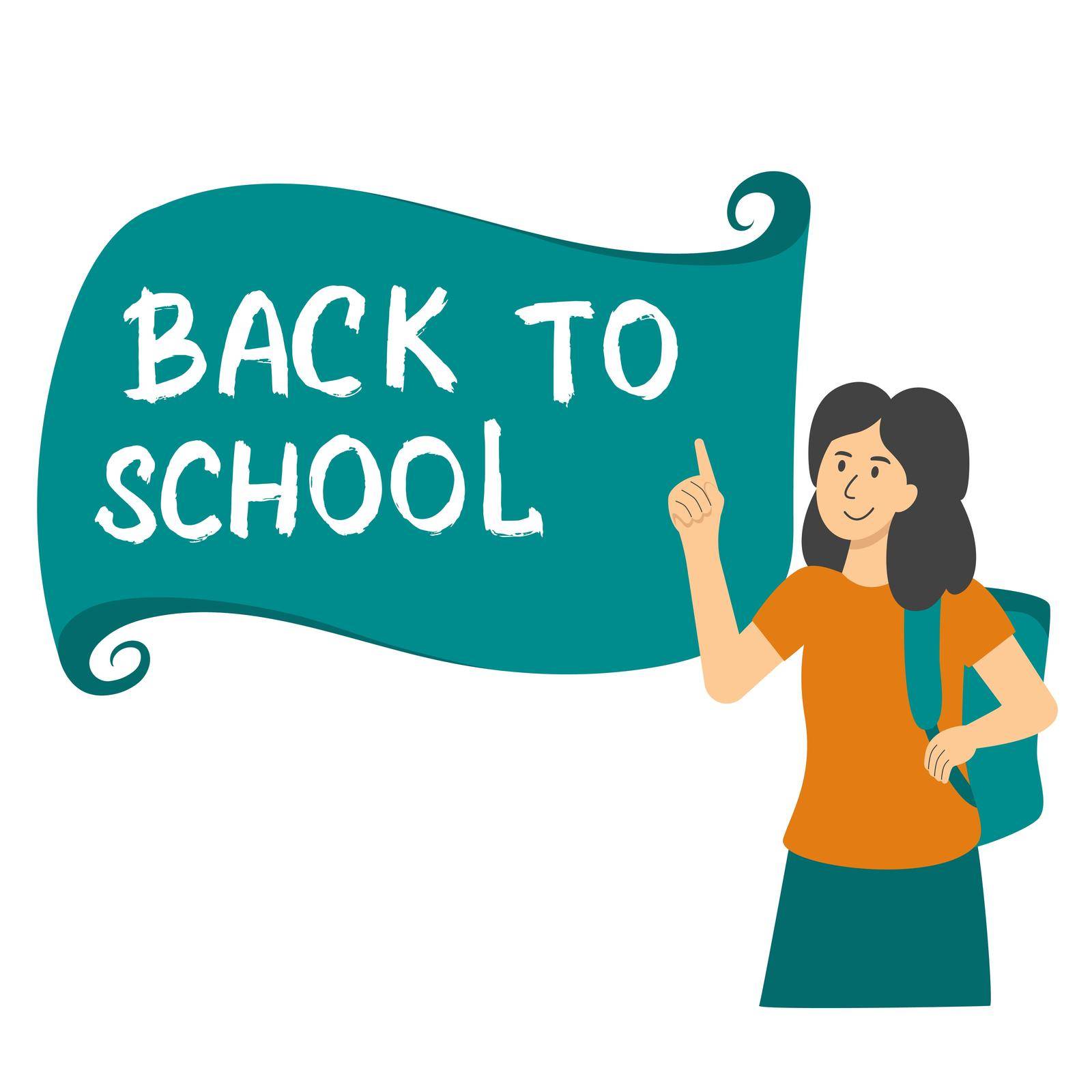 Girl points to banner with lettering back to school. Joyful child with backpack cartoon. New school year concept. Schoolgirl and inscription, flat vector illustration