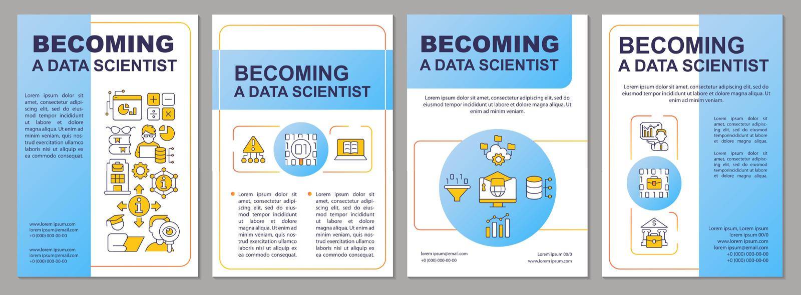 Becoming data scientist blue brochure template. It branch. Leaflet design with linear icons. Editable 4 vector layouts for presentation, annual reports. Arial-Black, Myriad Pro-Regular fonts used