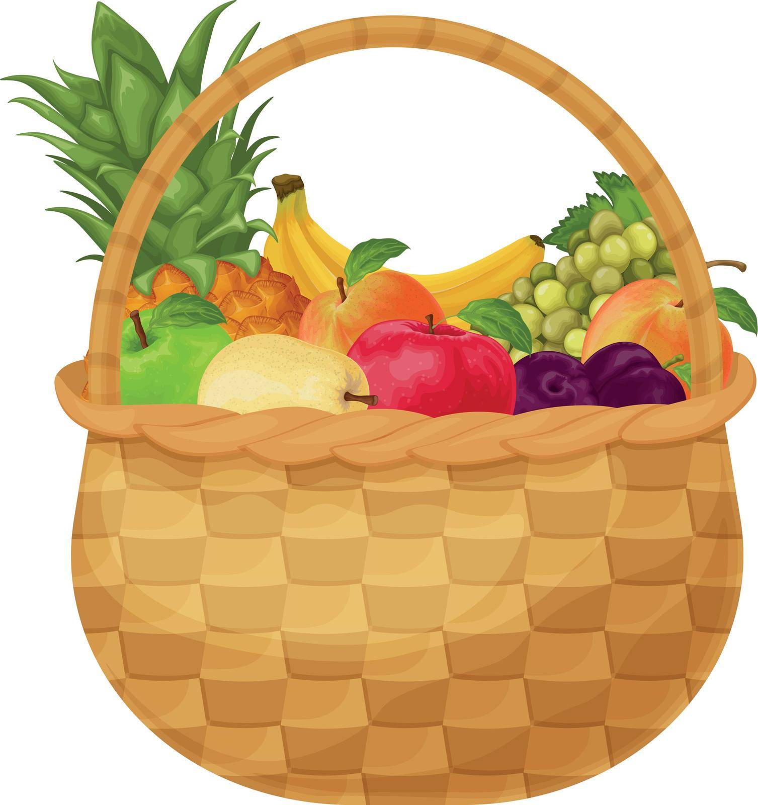 Basket with fruits such as banana, pineapple, grapes, peach and also apple, pear and plum. Fruit basket. Fruit in a wicker basket. Vector illustration isolated on a white background.