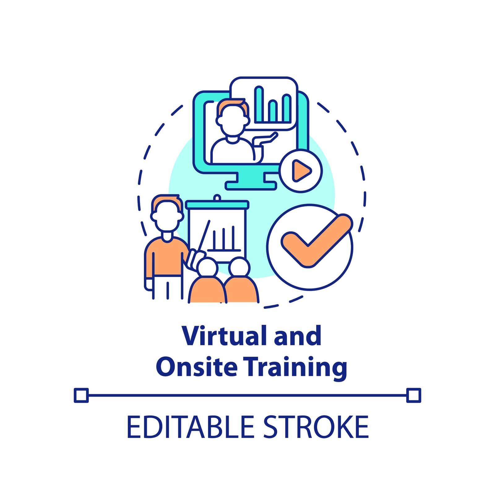 Virtual and onsite training concept icon. Effective acquiring knowledge abstract idea thin line illustration. Isolated outline drawing. Editable stroke. Arial, Myriad Pro-Bold fonts used