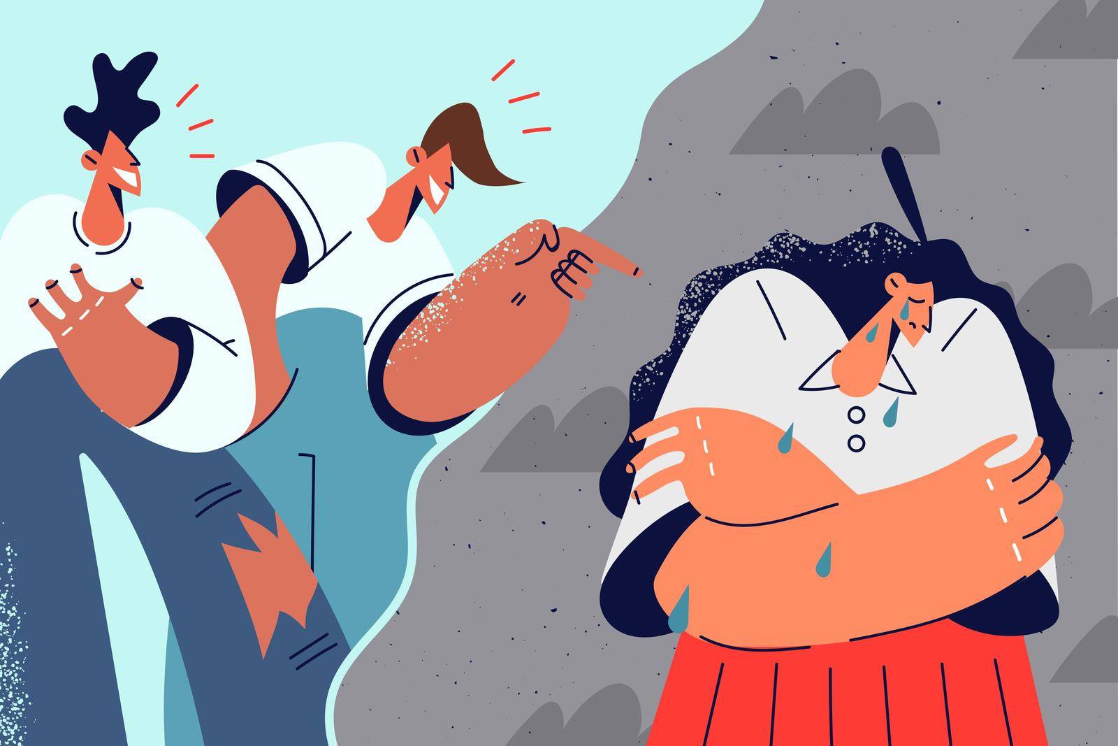 Bad unfriendly guys laughing at unhappy stressed female student. Aggressive students point with finger bullying harassing girl in school. Mockery and harassment. Vector illustration.