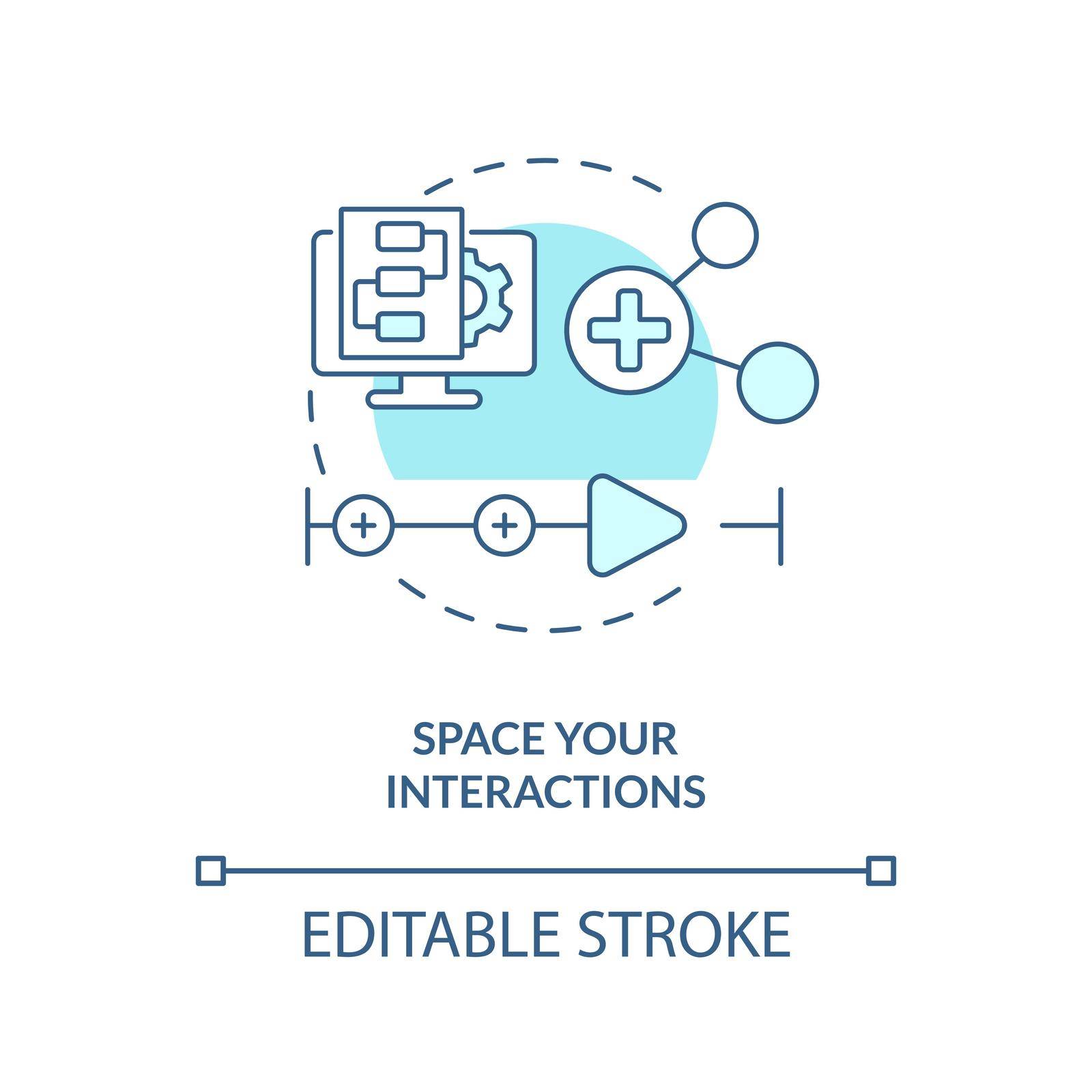 Space your interactions turquoise concept icon. Timeline. Creating educational video abstract idea thin line illustration. Isolated outline drawing. Editable stroke. Arial, Myriad Pro-Bold fonts used