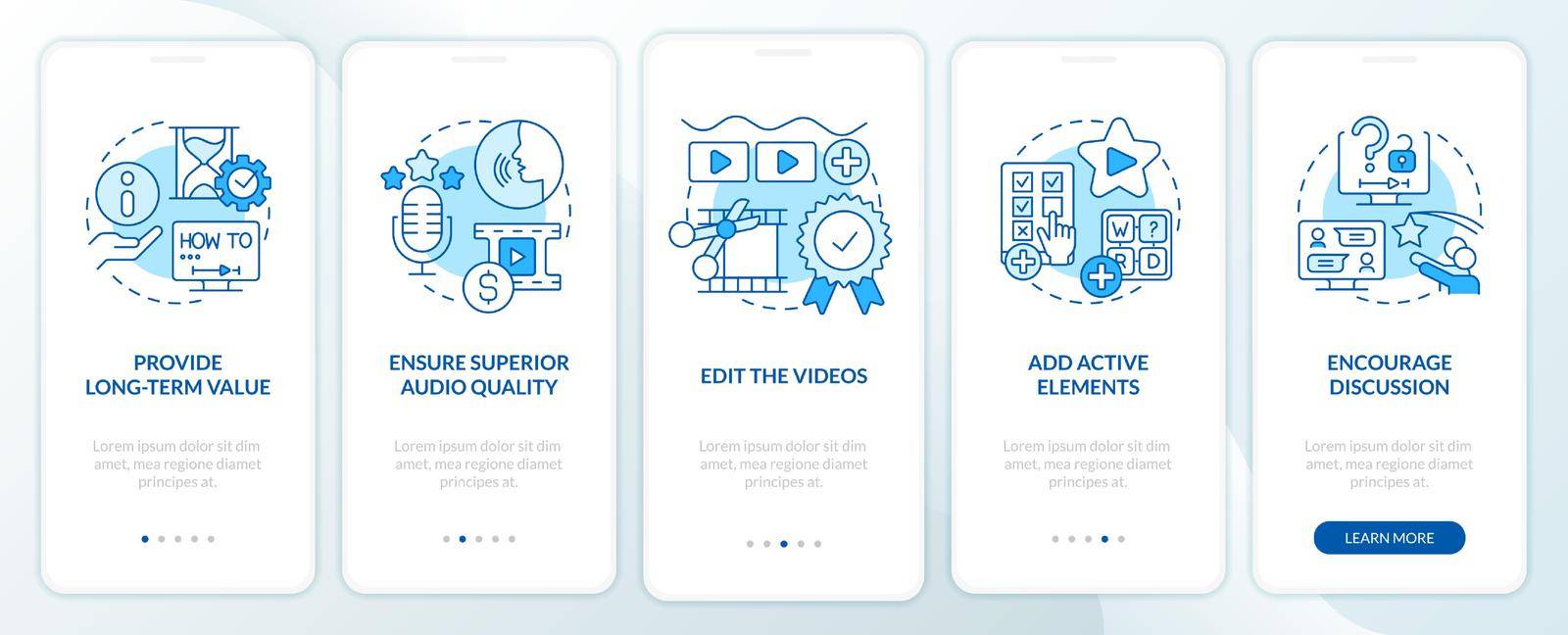 Elearning video tips blue onboarding mobile app screen. Walkthrough 5 steps editable graphic instructions with linear concepts. UI, UX, GUI template. Myriad Pro-Bold, Regular fonts used
