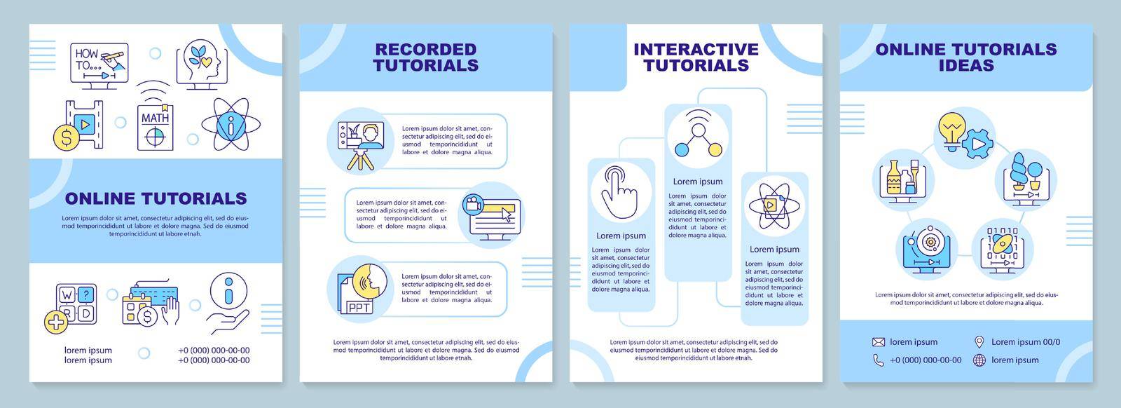 Online tutorials brochure template. Educational content. Leaflet design with linear icons. Editable 4 vector layouts for presentation, annual reports. Arial-Black, Myriad Pro-Regular fonts used