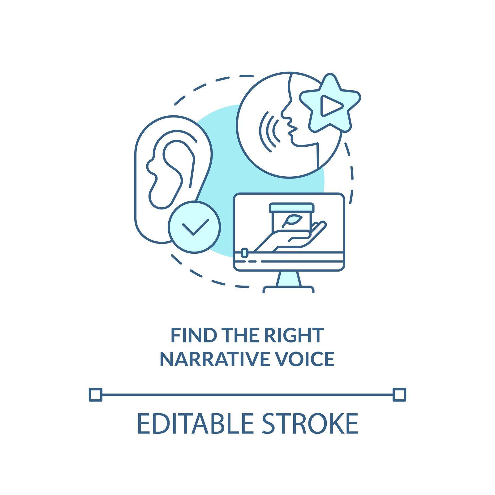 Find right narrative voice turquoise concept icon. Sales online training videos abstract idea thin line illustration. Isolated outline drawing. Editable stroke. Arial, Myriad Pro-Bold fonts used