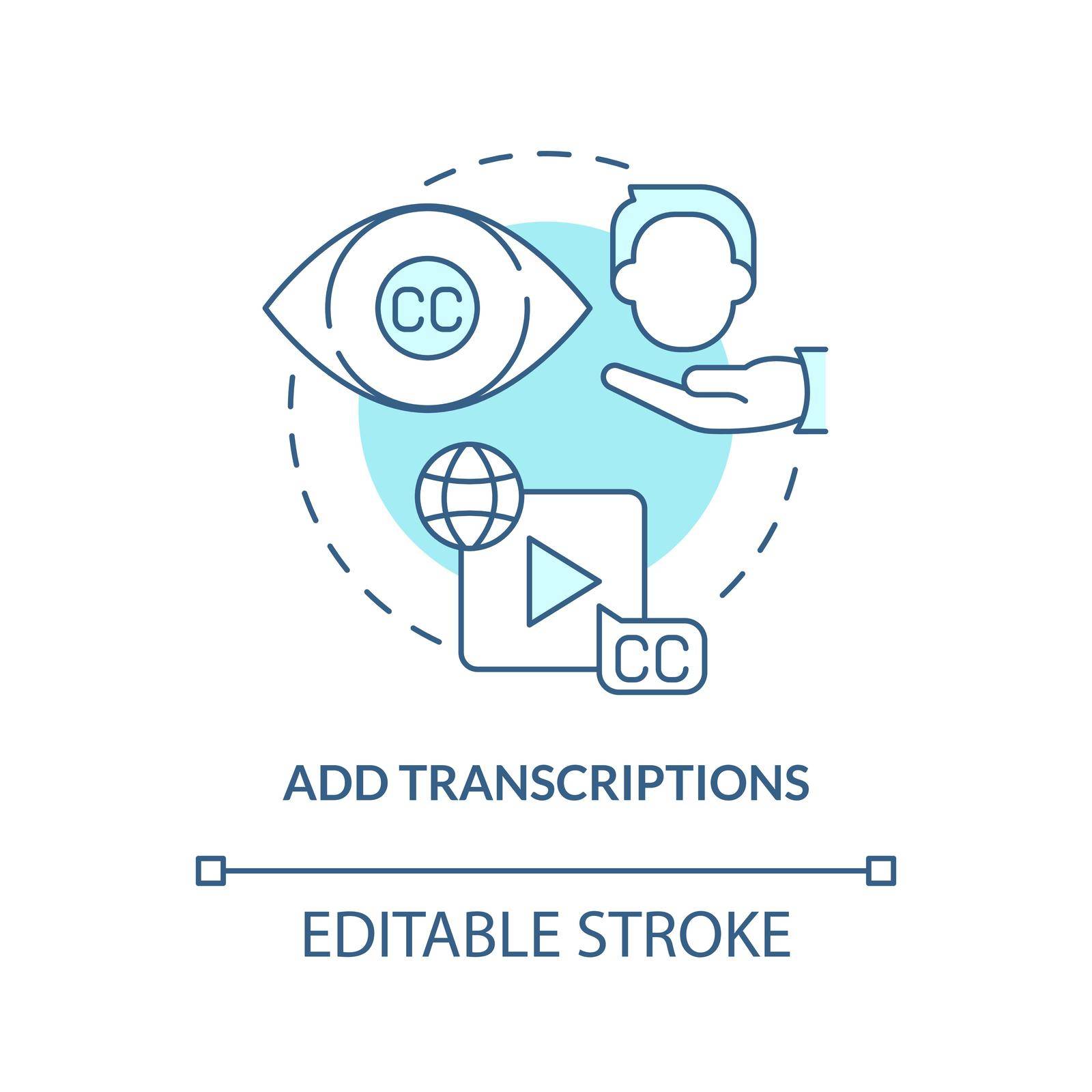 Add transcriptions turquoise concept icon. Subtitles. Sales online training videos abstract idea thin line illustration. Isolated outline drawing. Editable stroke. Arial, Myriad Pro-Bold fonts used