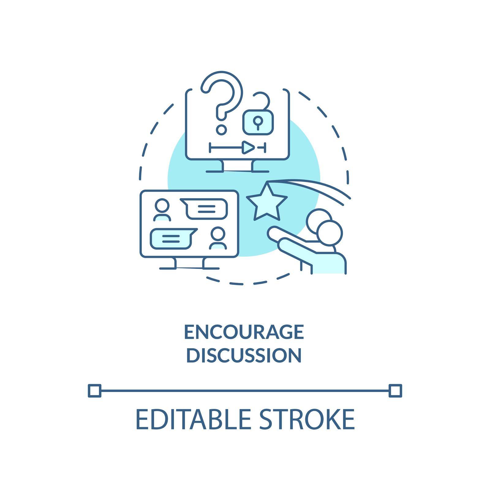 Encourage discussion turquoise concept icon. Student opinion. E Learning video tip abstract idea thin line illustration. Isolated outline drawing. Editable stroke. Arial, Myriad Pro-Bold fonts used