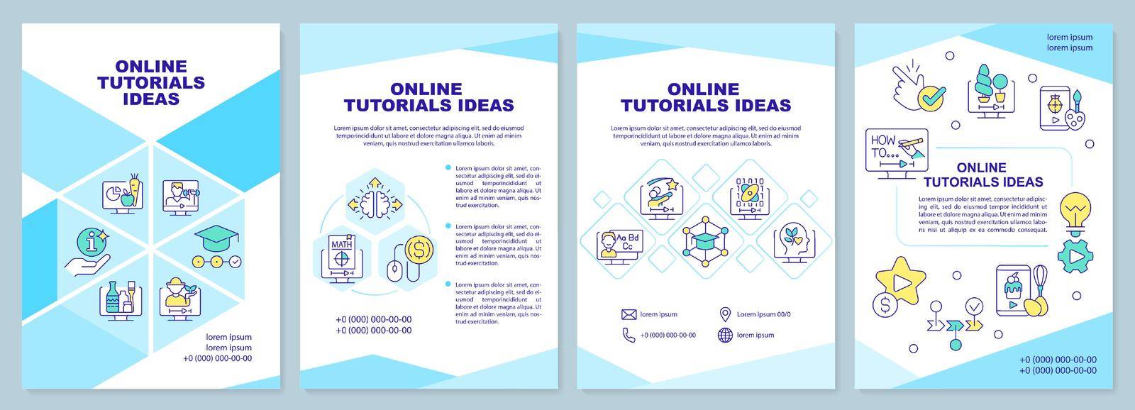 Online tutorials ideas turquoise brochure template. Leaflet design with linear icons. Editable 4 vector layouts for presentation, annual reports. Arial-Black, Myriad Pro-Regular fonts used