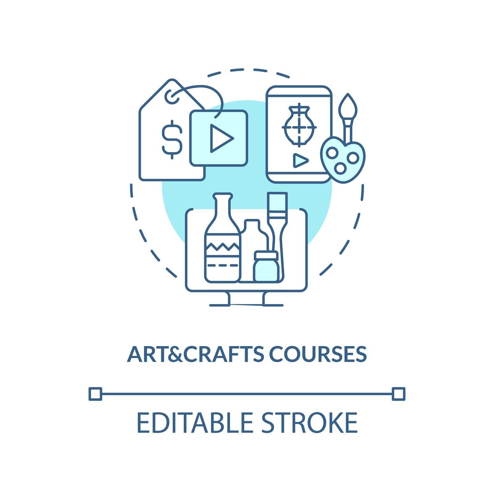 Art and crafts course turquoise concept icon. Virtual workshop. Online education idea abstract idea thin line illustration. Isolated outline drawing. Editable stroke. Arial, Myriad Pro-Bold fonts used