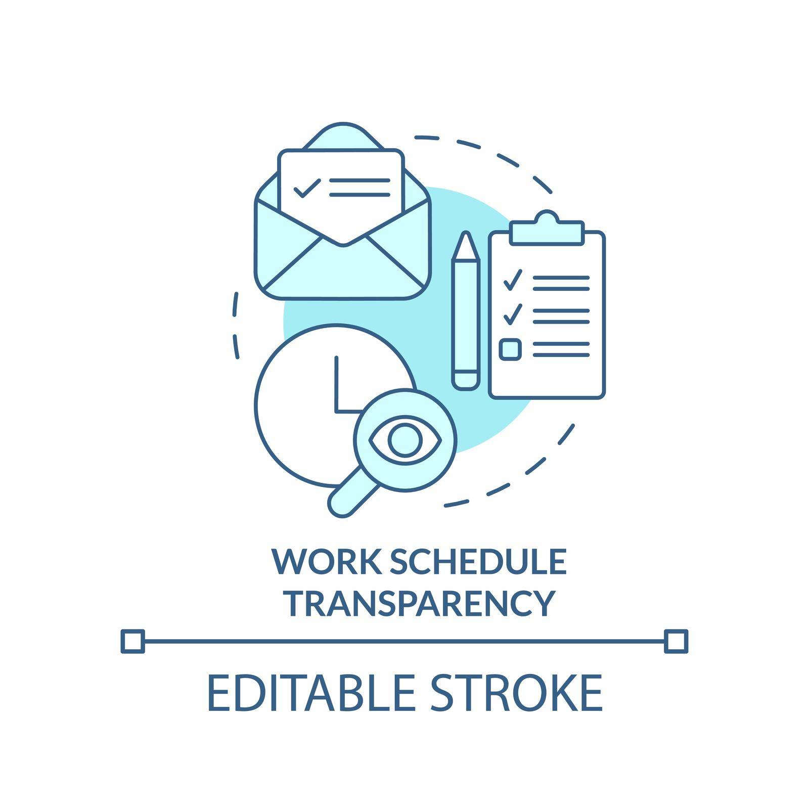 Work schedule transparency turquoise concept icon. Workplace location and planning abstract idea thin line illustration. Isolated outline drawing. Editable stroke. Arial, Myriad Pro-Bold fonts used