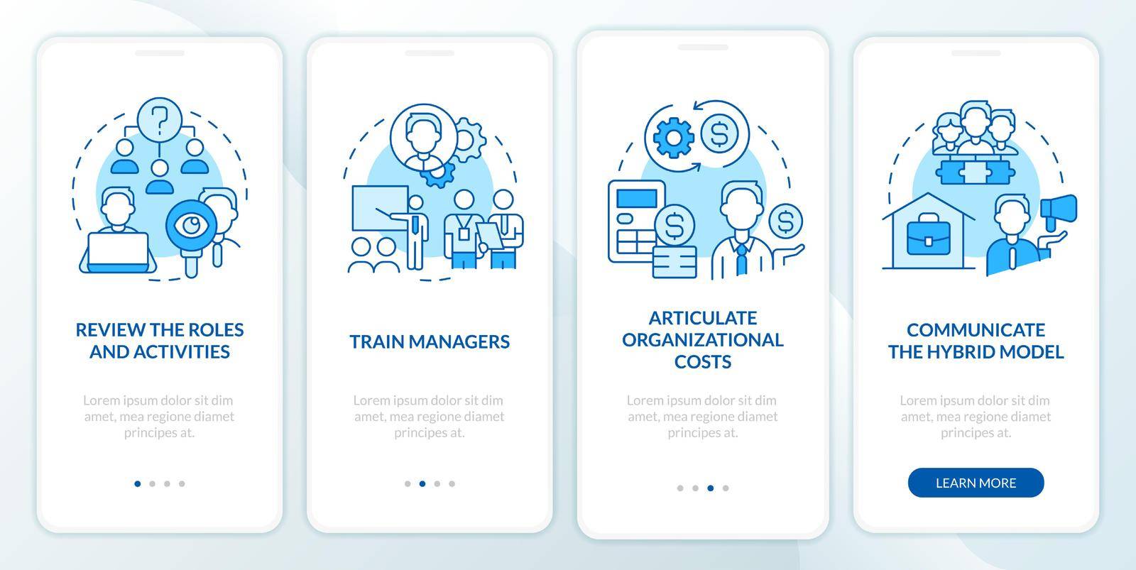 Steps to transformation blue onboarding mobile app screen. Remote work walkthrough 4 steps editable graphic instructions with linear concepts. UI, UX, GUI template. Myriad Pro-Bold, Regular fonts used