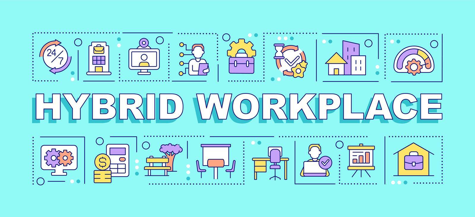 Hybrid workplace word concepts turquoise banner. Corporate culture. Infographics with editable icons on color background. Isolated typography. Vector illustration with text. Arial-Black font used