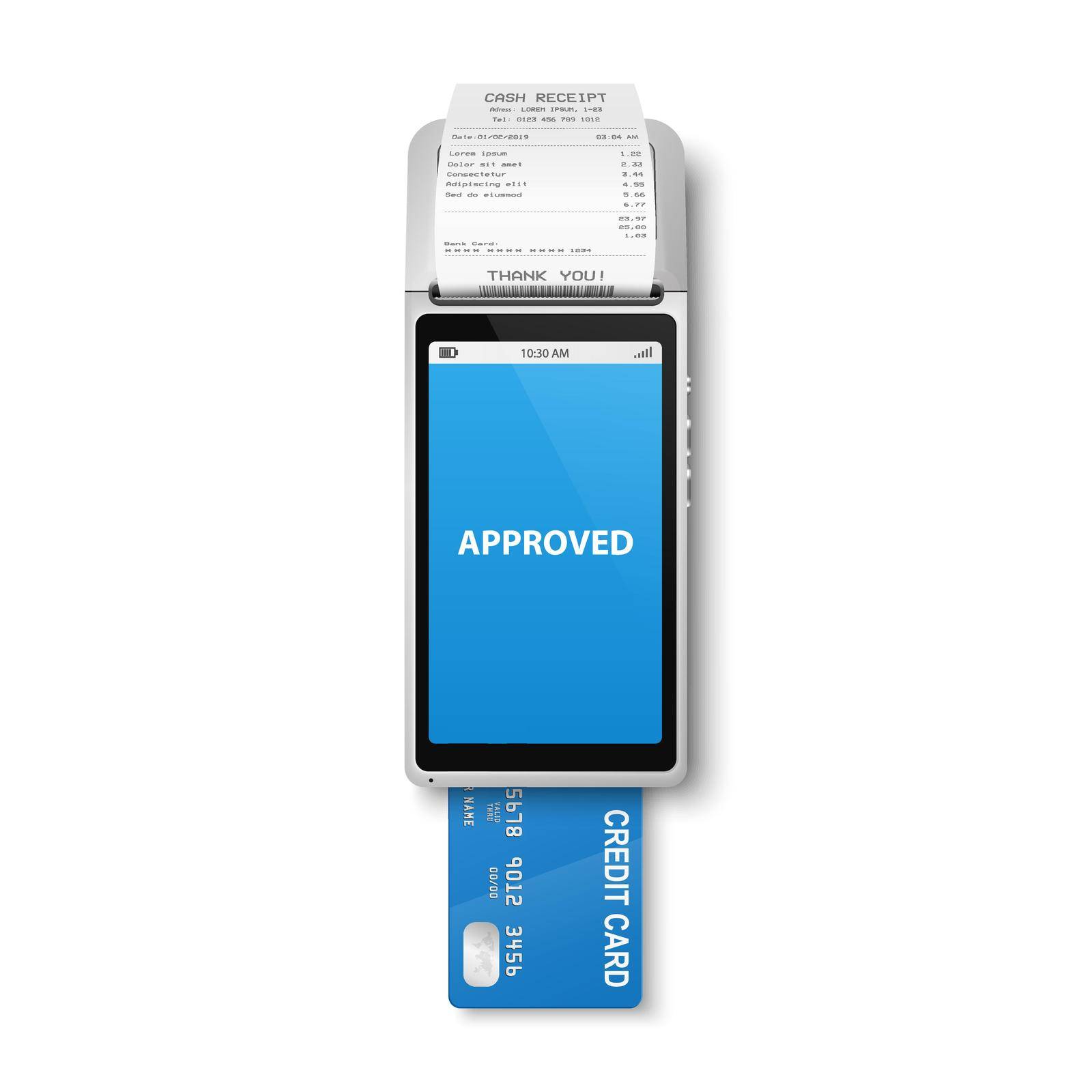 Vector 3d NFC Payment Machine with Approved Status, Credit Card and Receipt. Wi-fi, Wireless Payment. POS Terminal, Machine Design Template of Bank Payment Contactless Terminal, Mockup. Top VIew.