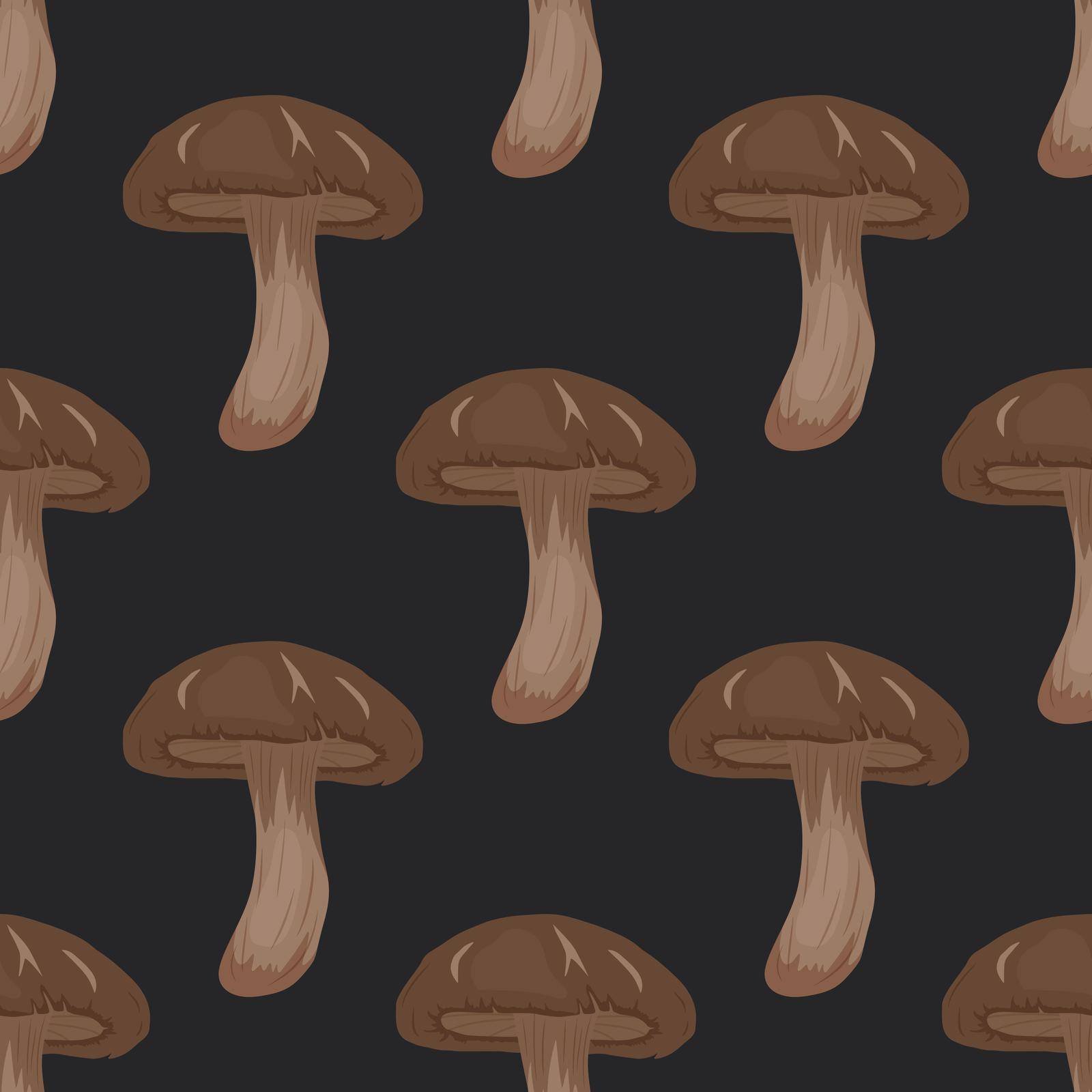 Vector Seamless Pattern with Shiitake Mushroom on Black. Seamless Texture, Hand Drawn Cartoon Shiitake Mushrooms. Design Template for Textile, Wallpaper, Print.