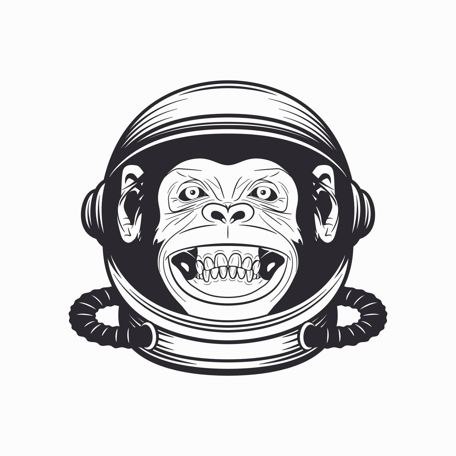Vector Smiling Chimpanzee Ape with Astronaut Helmet, Funny Monkey with Cosmonaut Mask for Space Exploration. Spaceman Head Protection for Wall Art, T-shirt Print, Poster. Cartoon Cute Chimp Monkey.