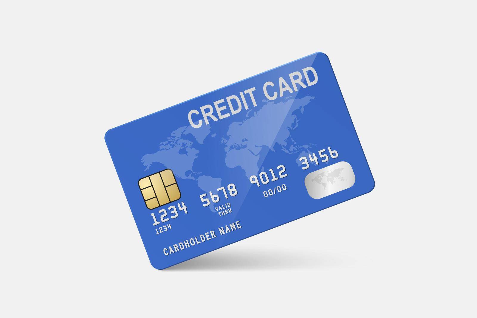Vector 3d Realistic Blue Credit Card on White Background. Design Template of Plastic Credit or Debit Card. Credit Card Payment Concept. Front View.