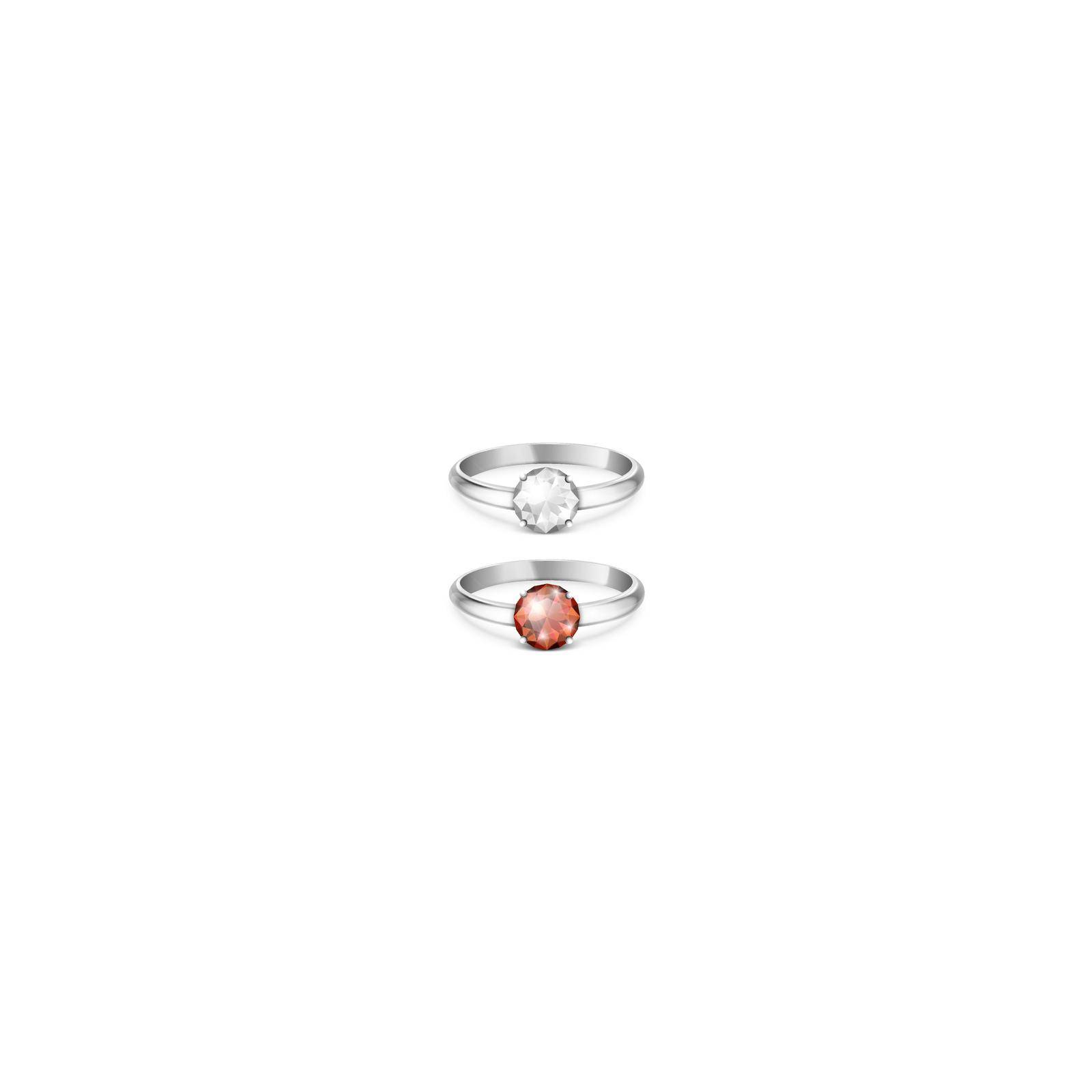 Vector 3d Realistic Silver Metal Wedding Ring with White and Red Gemstone, Diamond Closeup Isolated. Design Template of Shiny Golden Ring. Side, Front View.